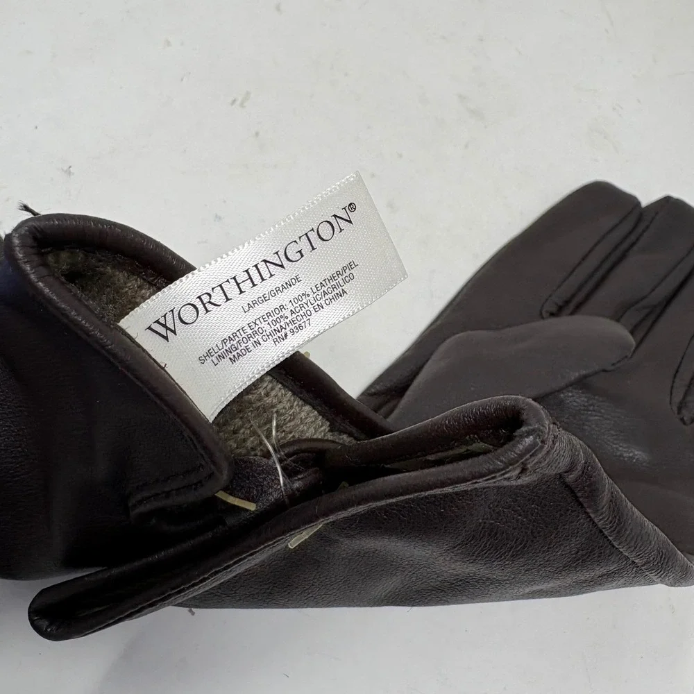 Worthington Womens Brown Leather Gloves Acrylic Lined Winter Size Large New